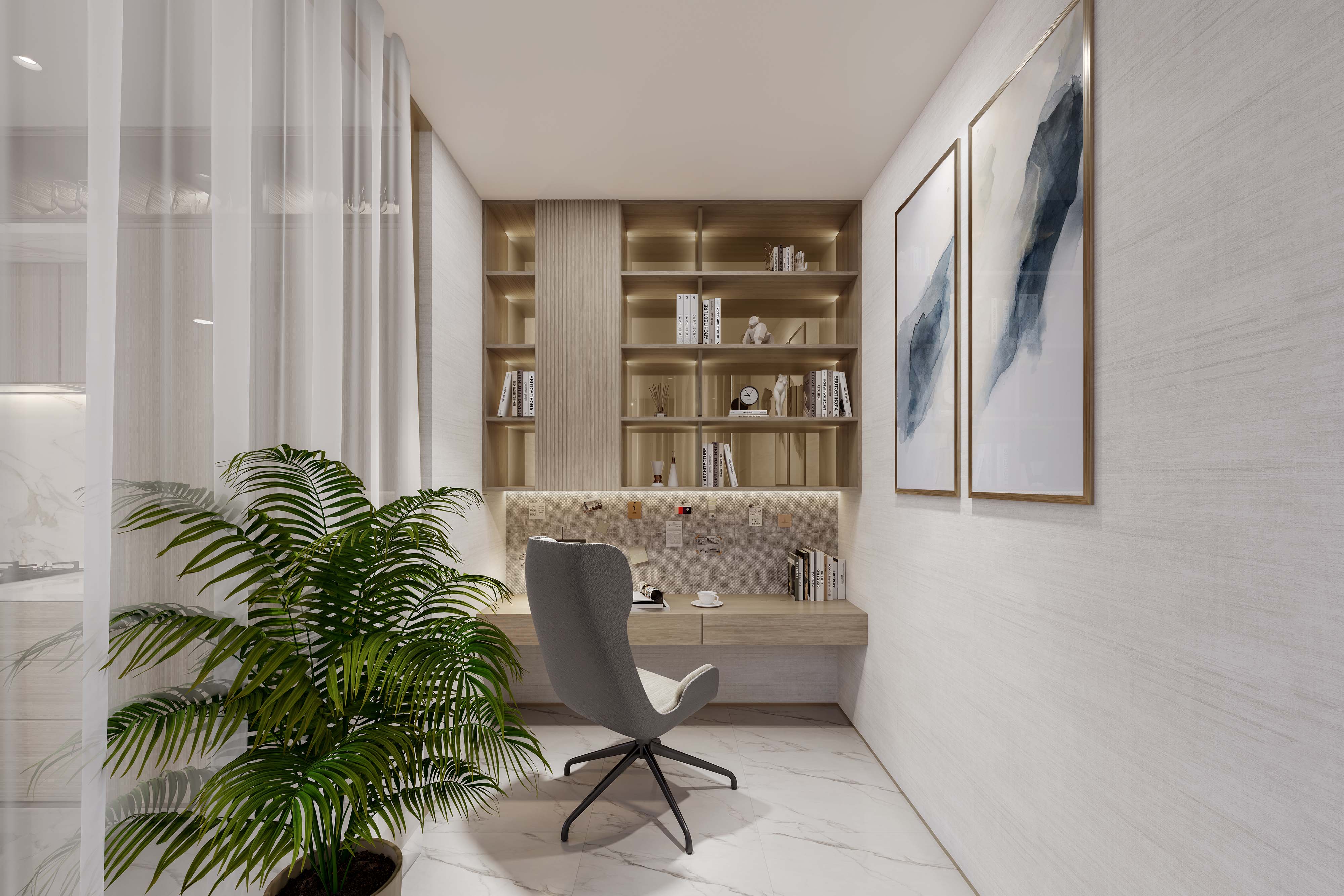 Sunset Bay 3 By Imtiaz A modern home office featuring a desk, shelving, a comfortable chair, and a decorative plant.